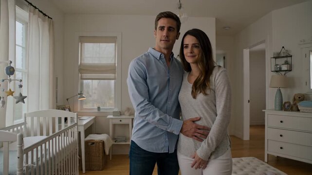 A Young Expectant Couple Standing Affectionately in the Nursery, Gazing with Hope and Anticipation