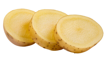 Sliced yellow plantain with brown spots arranged in a row © Michal
