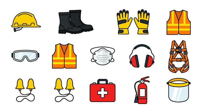 Collection of safety equipment icons including hard hat, boots, gloves, vest, goggles, mask, earmuffs, bucket, fire extinguisher, first aid kit, safety gear for industrial or construction si