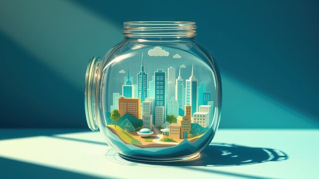 Cityscape resides inside glass jar. Bright sunlight illuminates scene, creating dramatic shadows. Miniature buildings, trees visible. Peaceful, surreal composition.