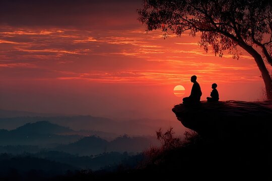 Silhouettes of teacher and disciple seated on a hilltop, lotus position, peaceful learning scene, Namaste gesture