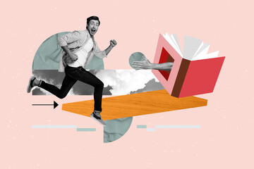 Naklejka premium Pop art collage of person run stand to paper book with hand on pink background