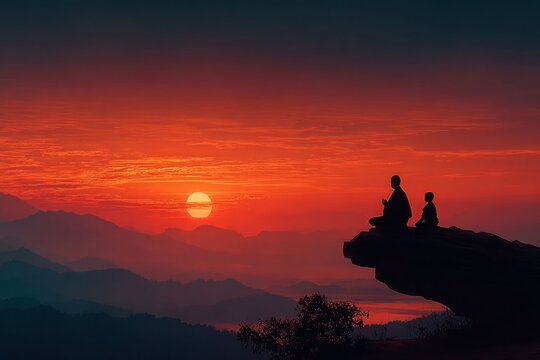 Silhouettes of teacher and disciple seated on a hilltop, lotus position, peaceful learning scene, Namaste gesture