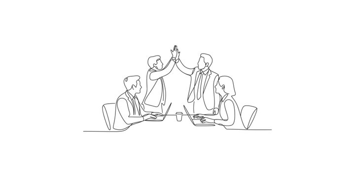 A line drawing of four businesspeople high fiving at a meeting with laptops