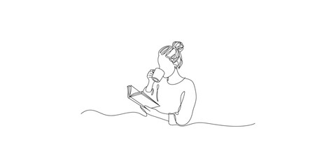 Continuous line drawing of a woman reading a book and drinking coffee in a minimalist style © Sujata