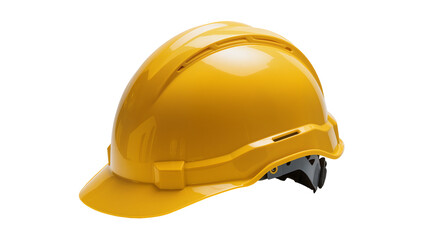 Fototapeta premium Bright yellow hard hat with black chinstrap and ventilation slots