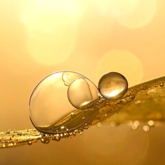 Obraz premium A close-up of transparent bubbles on a wet surface with a warm golden background