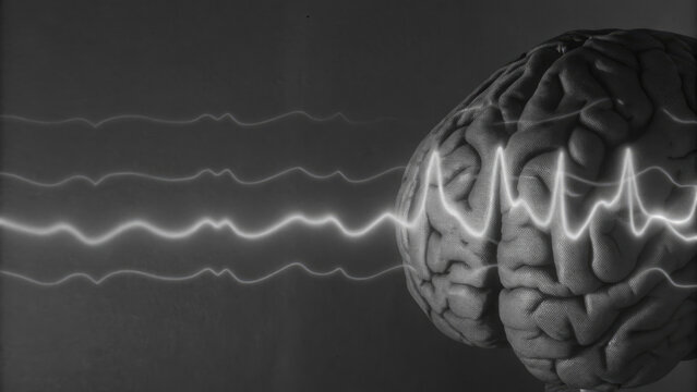 Brain CT showing active prefrontal cortex concept. Abstract representation of brain waves illustrating neural activity.