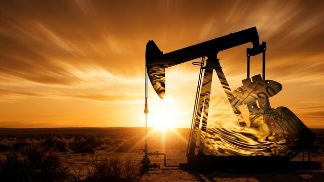 Silhouette of an industrial oil pumpjack at sunset containing flowing golden liquid and currency notes