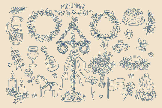 Hand drawn midsummer vector doodle set with Scandinavian symbils: maypole, flower crowns, wildflowers, berries, pie, dala horse. 