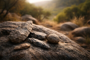 Fototapeta premium Ancient stone tools on a large rock in a natural landscape, prehistoric technology and archeology concept