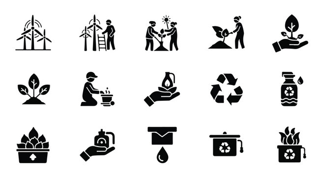 Set of 15 Black Glyph Style Ecology and Environment Vector Icons