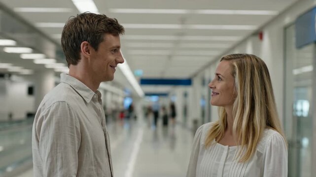 A Young Man and Woman Share a Moment of Connection and Mixed Emotions in a Busy Public Skyway