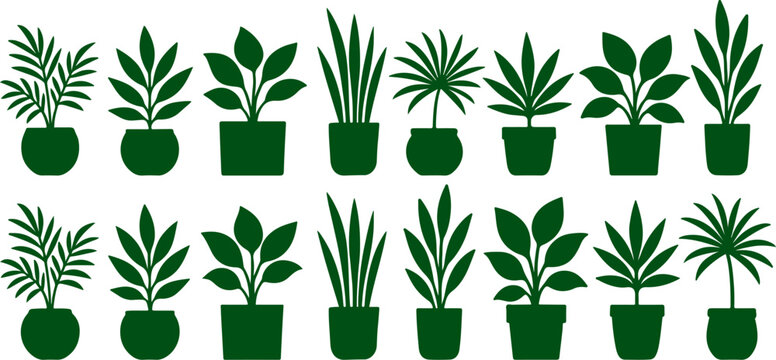 A collection of dark green plant silhouettes in various shapes, presented as a vector illustration on a white background.