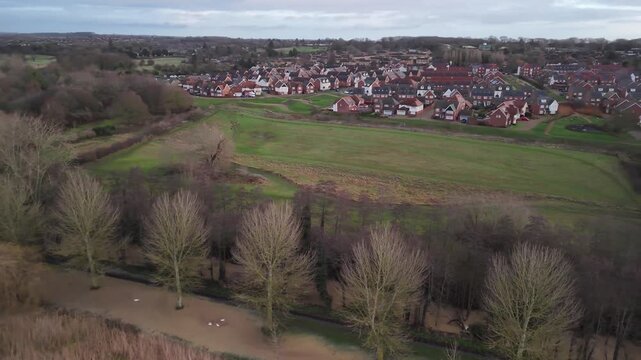 Aerial View of Residential Suburb and Green Fields in Barton Seagrave Northamptonshire England