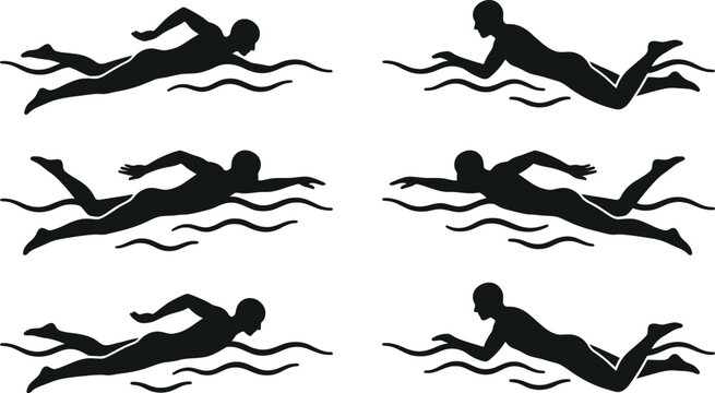 Dynamic black silhouette vector illustration graphic design showing swimmers in various freestyle poses within wavy water.