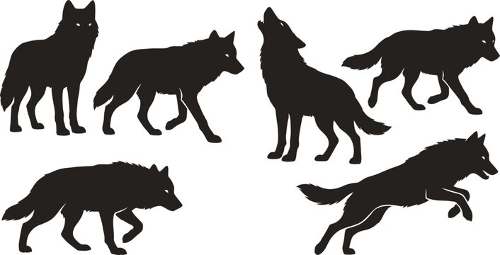Collection of five black wolf silhouette vector illustrations depicting various actions like standing, walking, howling, and jumping dynamically.