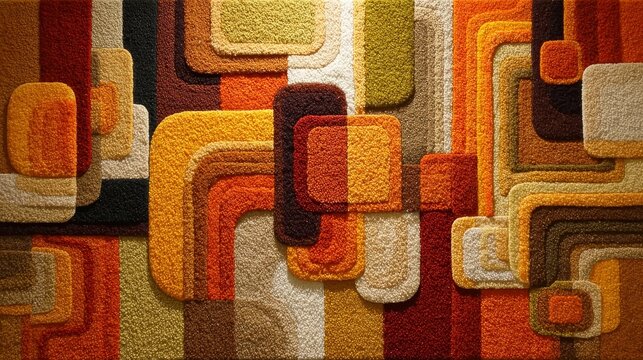 1970s inspired tapestry wall with retro orange, brown, and yellow abstract pattern, vintage minimalist interior design, mid century modern decorative textile, warm elegant room