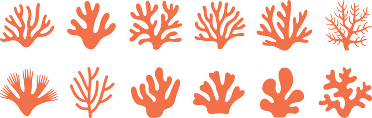 Coral reef silhouettes collection featuring diverse marine coral shapes in flat solid style for ocean, aquarium, and underwater design © MISBIJLY