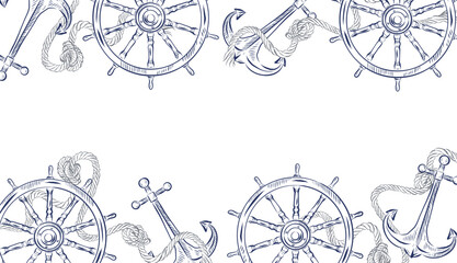 A horizontal vector frame with a nautical theme featuring an anchor, a ships wheel, and a rope. All objects are hand-drawn with ink. Suitable for invitation cards, invitations, and interior design. © guliy_art