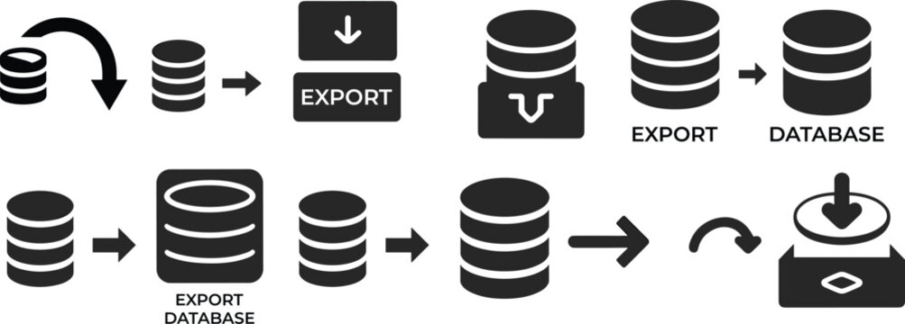 Comprehensive set of database export icons and vector symbols for data migration backup processing and cloud information storage management systems.
