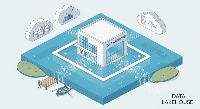Isometric Data Lakehouse Illustration with Data Warehouse, Cloud Computing and Database Connectivity.
