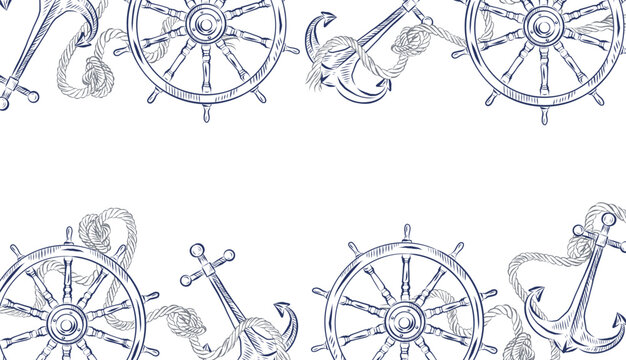 A horizontal vector frame with a nautical theme featuring an anchor, a ships wheel, and a rope. All objects are hand-drawn with ink. Suitable for invitation cards, invitations, and interior design.