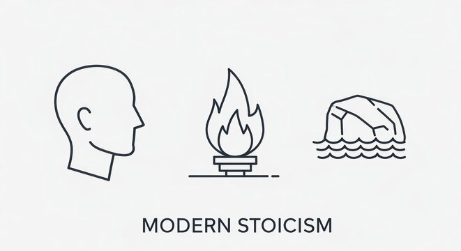 Modern Stoicism concept illustration featuring a head, fire, and iceberg outline symbols representing mindset, emotion and challenges, simple graphic design.
