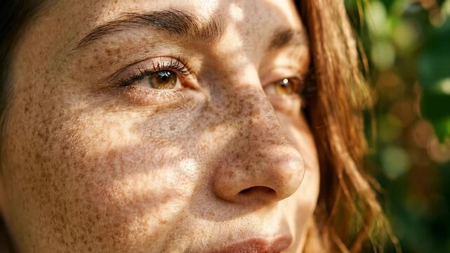 Close up freckled woman face in natural sunlight