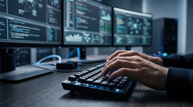 Professional programmer hands typing code on keyboard with multiple monitors showing data and network graphs in dark server room, cybersecurity concept