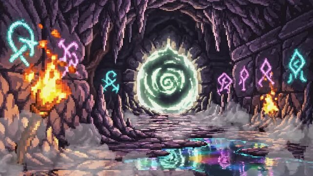 Magical purple portal in dark cave with glowing runes
