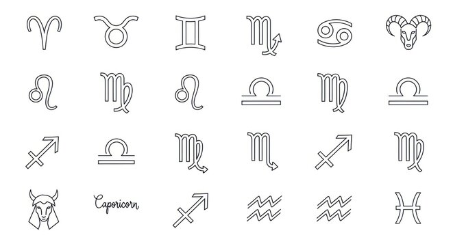 Line art illustration of all zodiac signs including Aries, Taurus, Gemini, Cancer, Leo, Virgo, Libra, Scorpio, Sagittarius, Capricorn, Aquarius and Pisces.