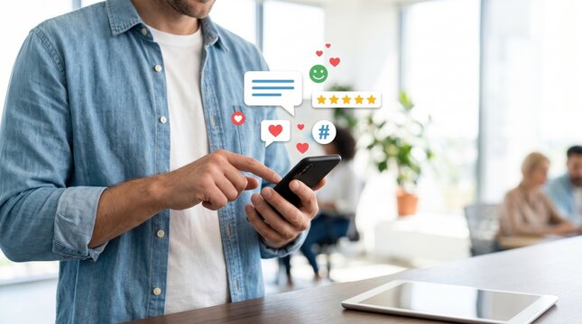 Man using smartphone for social media interaction, liking posts and sending messages, customer feedback rating stars and communication bubbles floating in air, digital marketing