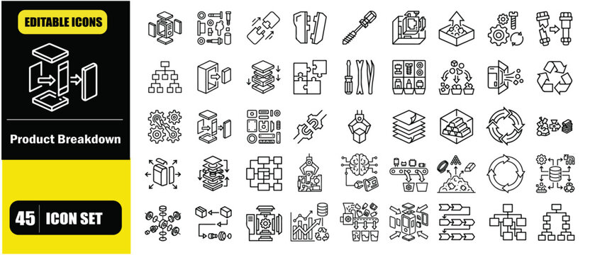 Disassembly Concept Icon Set
Exploded view of product components for recycling
Separation of parts for reuse and material recovery
