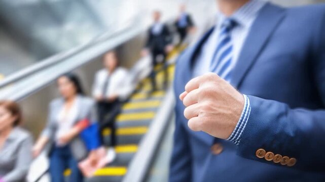 Determined Ascent: An focused businessperson ascends an escalator amidst the flow of fellow commuters. The image embodies the spirit of determined progress and ambition in the heart of urban life.