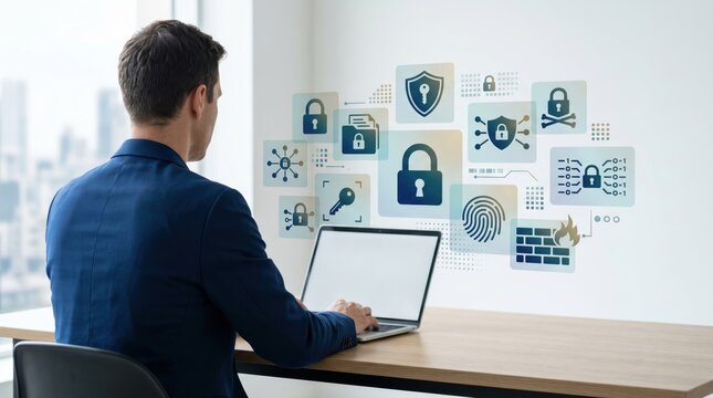 Businessman working on laptop with cybersecurity network protection icons floating on screen, data privacy firewall encryption and digital security concept in modern office