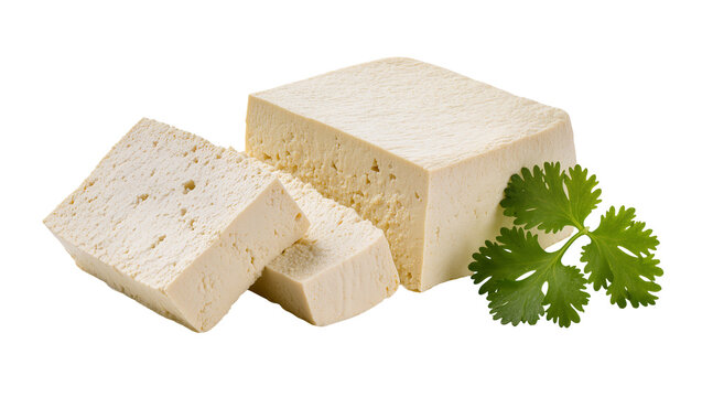 Creamy firm tofu cubes with fresh green cilantro sprigs