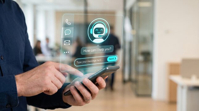 Person using chatbot virtual assistant on smartphone with transparent holographic display, customer support service, automated messaging and AI help desk communication technology