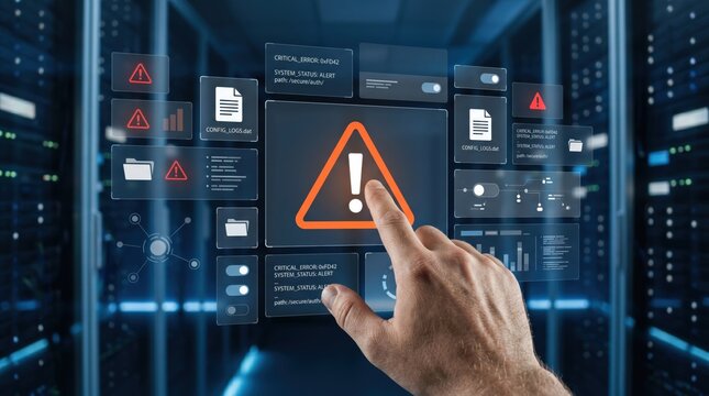 Hand touching virtual interface displaying critical system error alerts in server room, database administration and network maintenance concept with glowing warning signs.