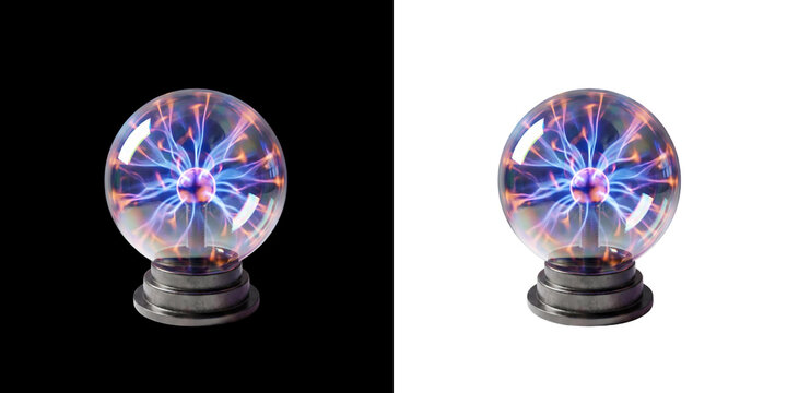 Glowing plasma ball with blue and purple electric lightning bolts, scientific tesla globe lamp, magic crystal sphere with energy discharge isolated PNG with Transparent Background