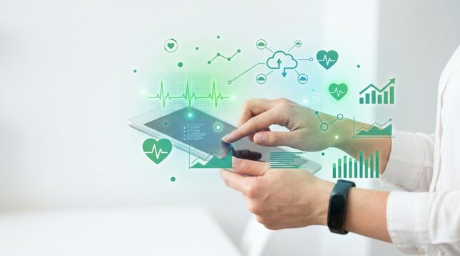 Doctor using digital tablet with holographic health data, heart rate monitoring, medical analytics and cloud computing for modern healthcare technology concept