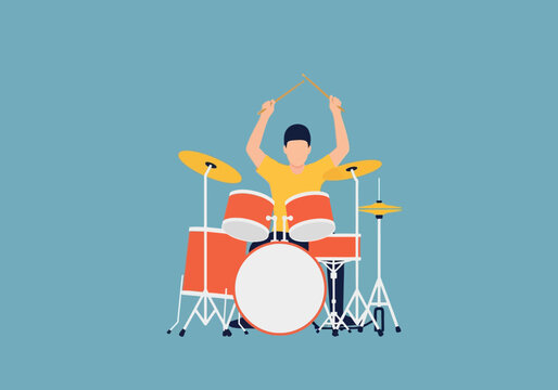 Young Male Drummer Playing Bass Drum and Cymbals in Concert