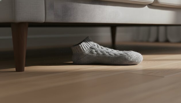 Single sock under couch in a sunny living room on a wooden floor, representing a lost items or domestic clutter concept with visible dust motes in soft light