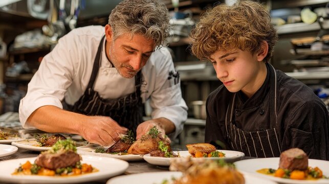 Teenager learning professional cooking under chef mentorship in a restaurant kitchen, hands-on culinary training, skill development, apprenticeship, guided practice, modern culinary environment