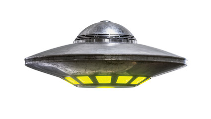 Metallic Flying Saucer with Yellow Lights and Dome Structure © Pablo