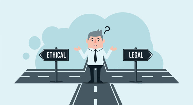 Confused businessman at a crossroads with ethical and legal signs