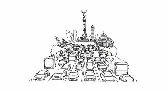 Congested city street scene with iconic monuments and a multitude of cars
