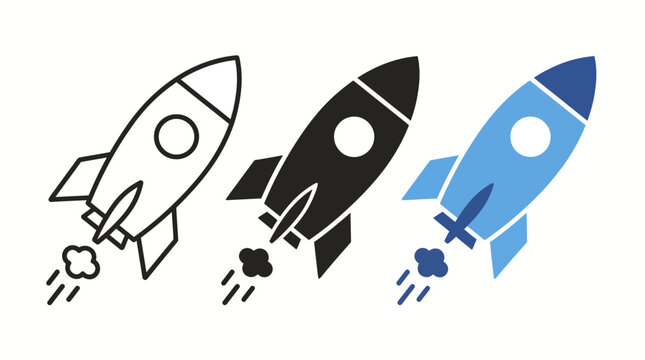 Three colorful rocket icons (white, black, blue) launching to symbolize space technology, startup growth, and innovation.