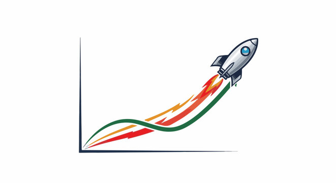 Cartoon rocket launches upwards with fiery trail over a rising graph