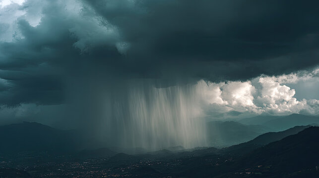 Dark rainy night with heavy rain cascade concept. Dramatic rainstorm over mountains under dark, heavy clouds.